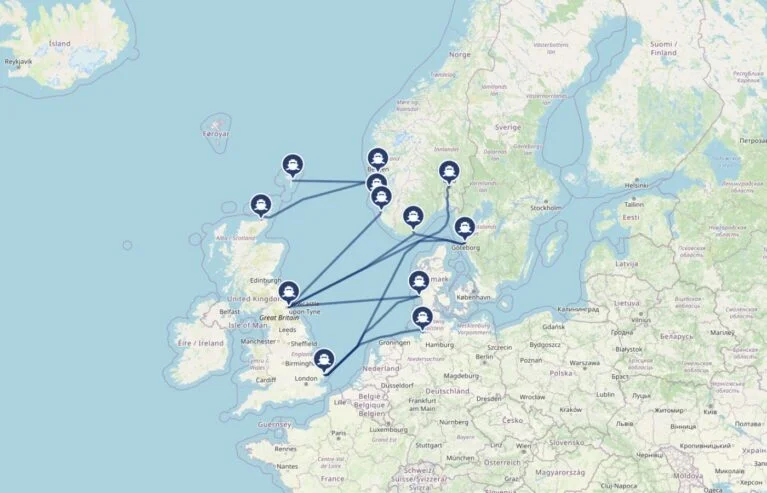 Kaart met oude overtochten van Engeland naar Noorwegen, Denemarken en Zweden