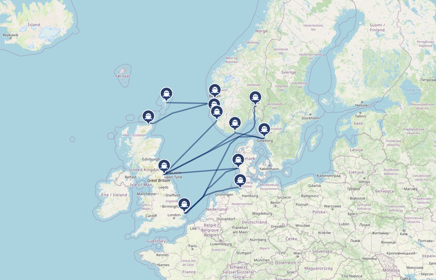 Kaart met oude overtochten van Engeland naar Noorwegen, Denemarken en Zweden