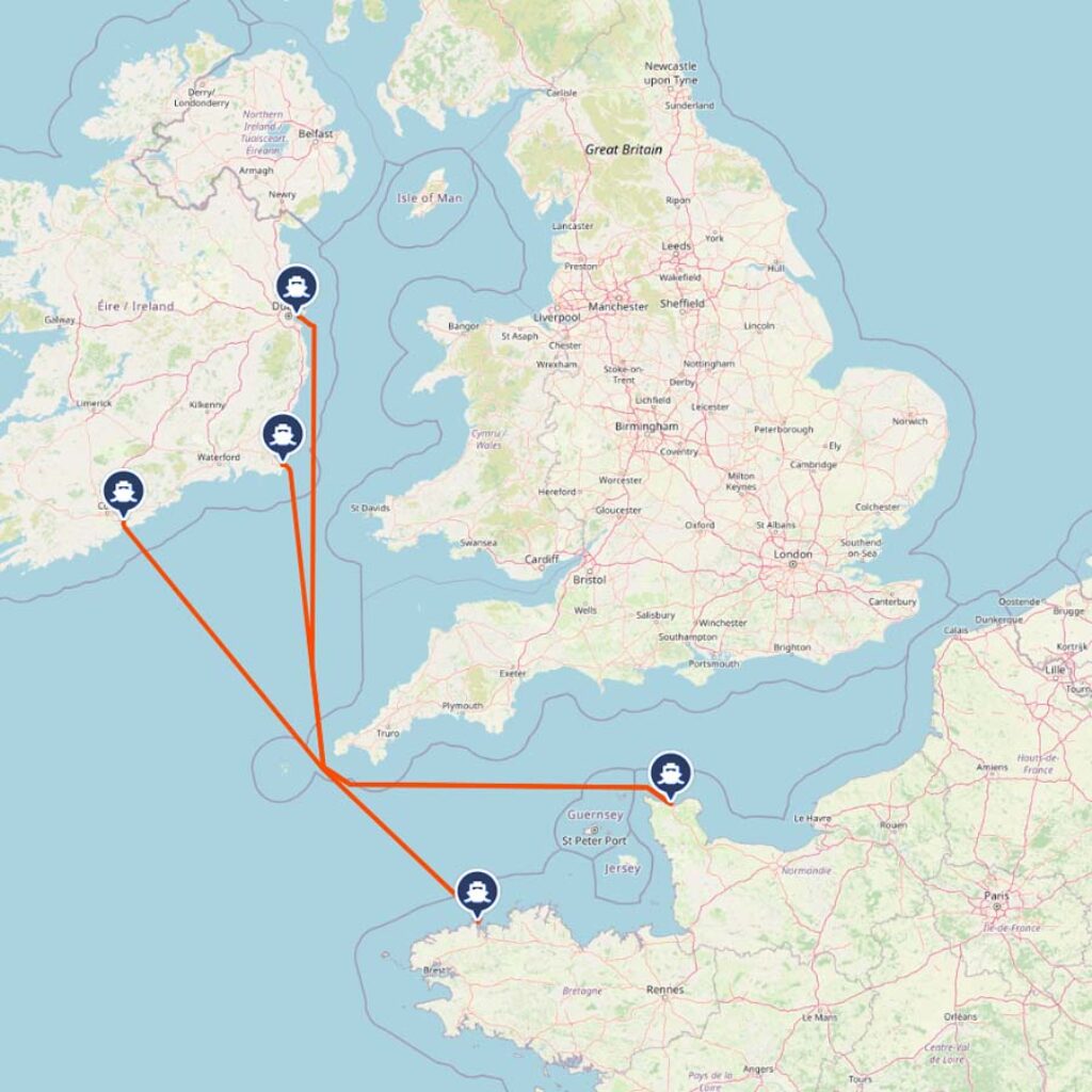 ferry route kaart Frankrijk-Ierland