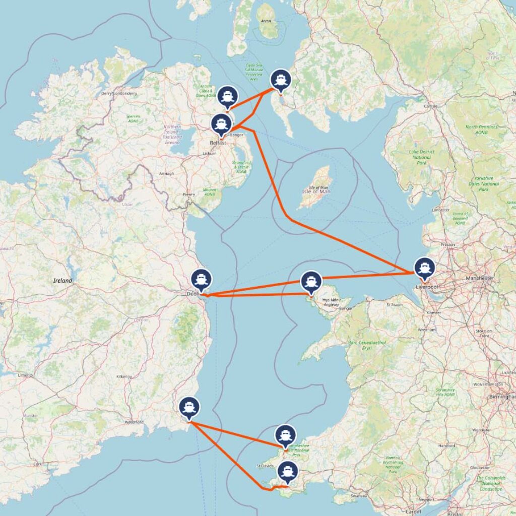kaart veerboten Engeland-Ierland