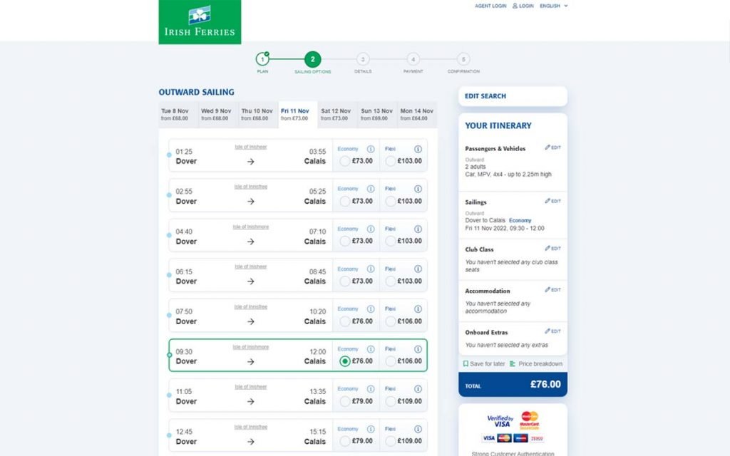 irish ferries dover-calais route prices