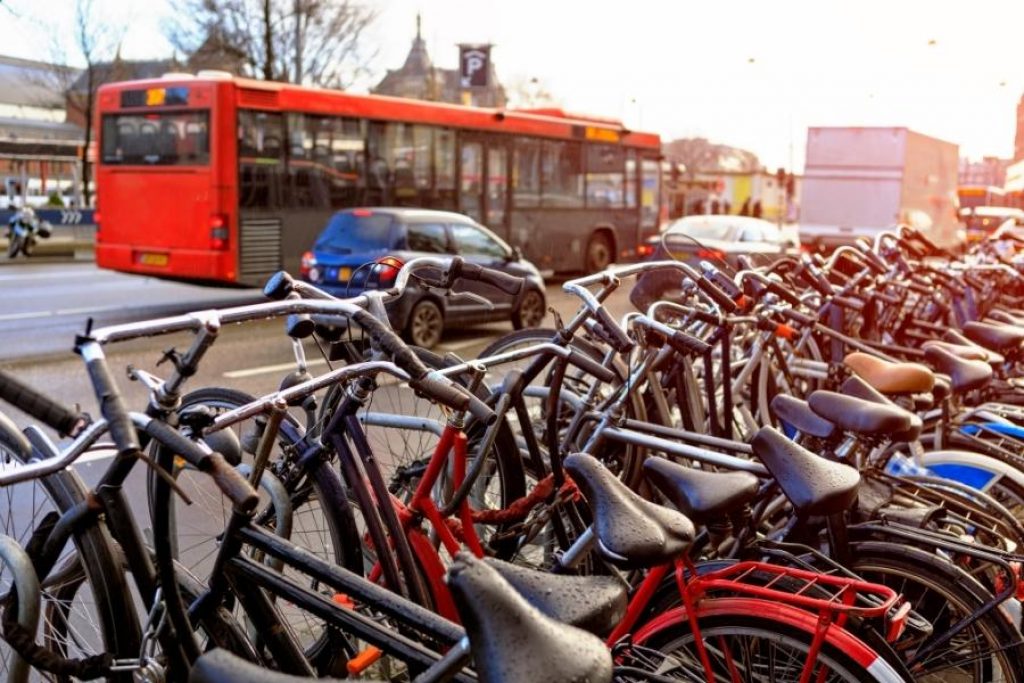 Bus cars and bikes in amsterdam