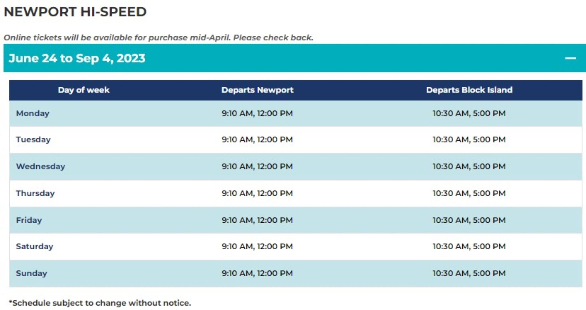 Block Island Ferry Schedule 2023 / 5 routes