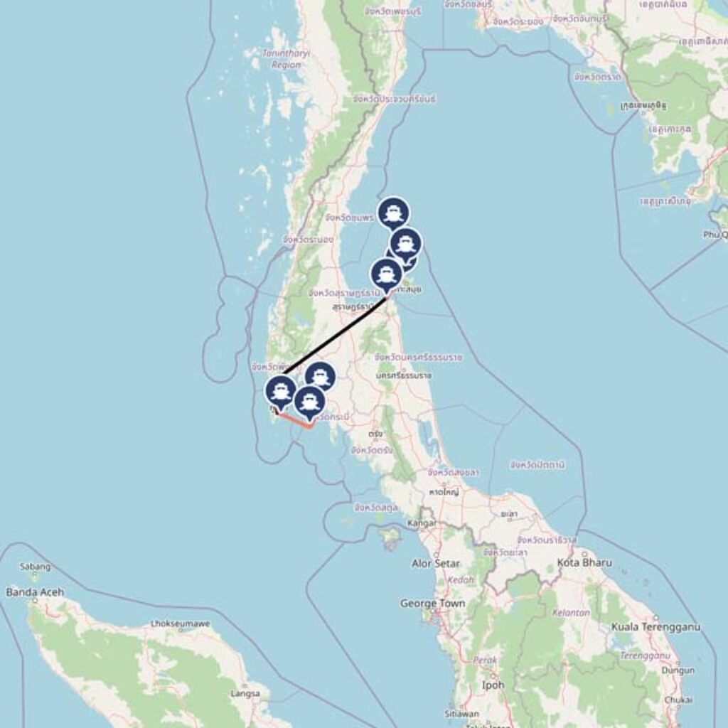 Map of the respective ferries in Thailand in a map.