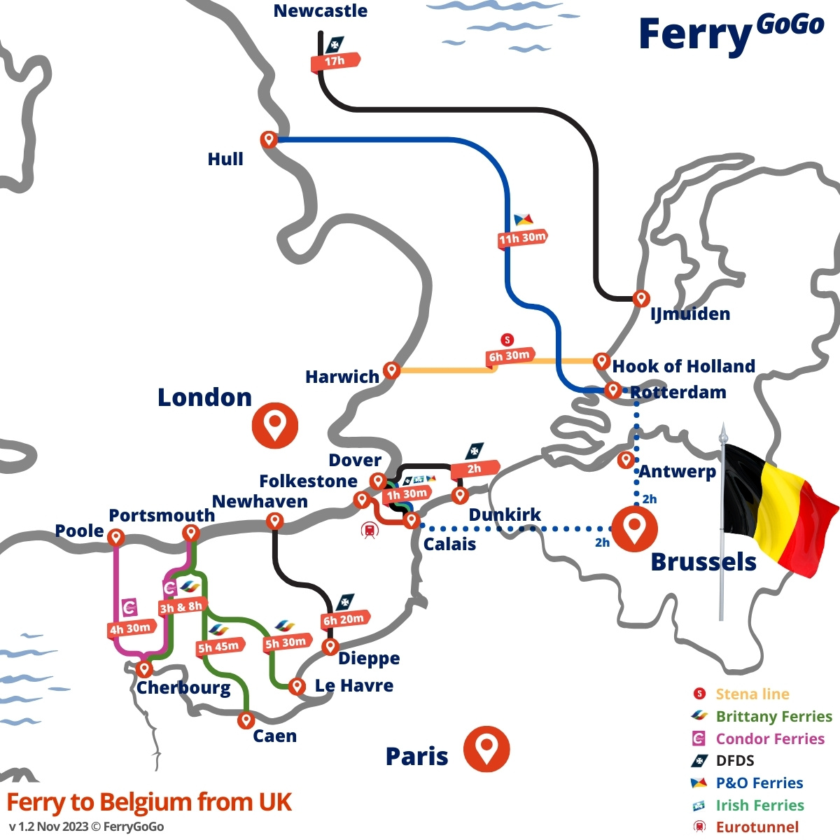 © FerryGoGo.com - Ferry to Belgium Route Map; Last Update: November 2023 v2
