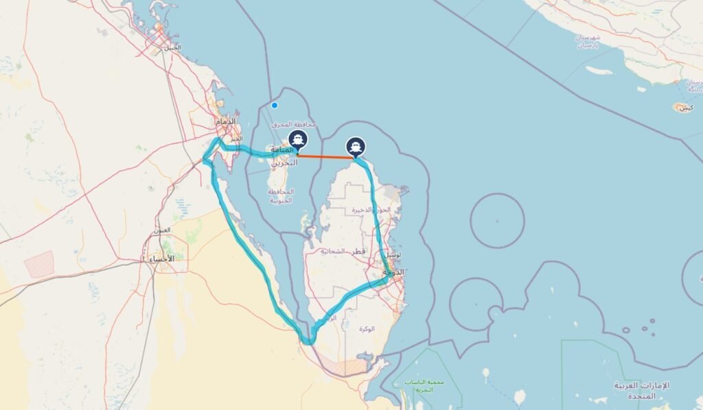 In blue you can see one of the actual current routes by road - a big detour