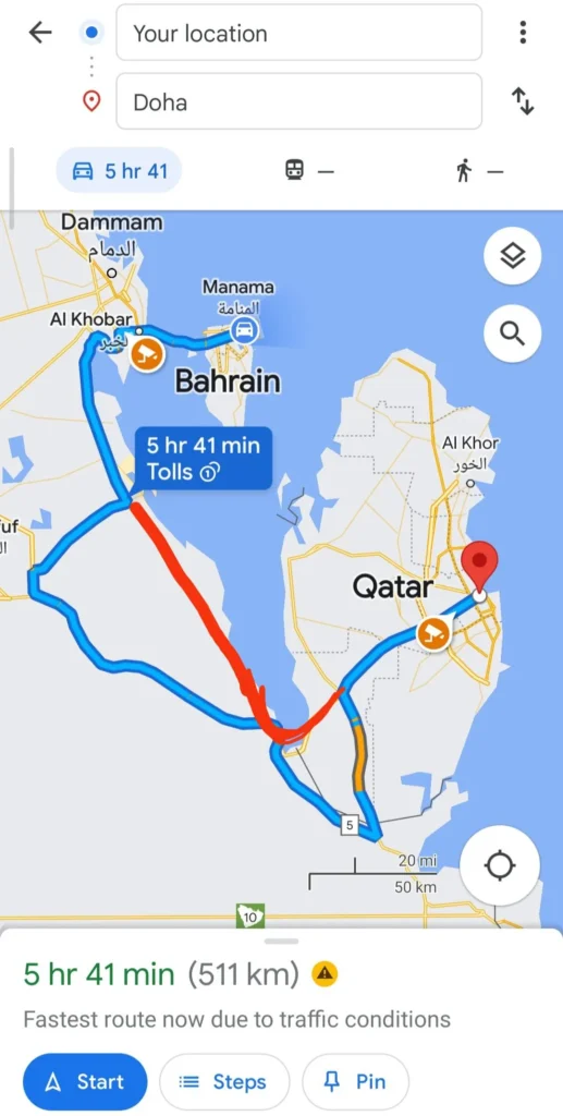 Qatar to Bahrain by road reddit source - 5 hours 41 mins