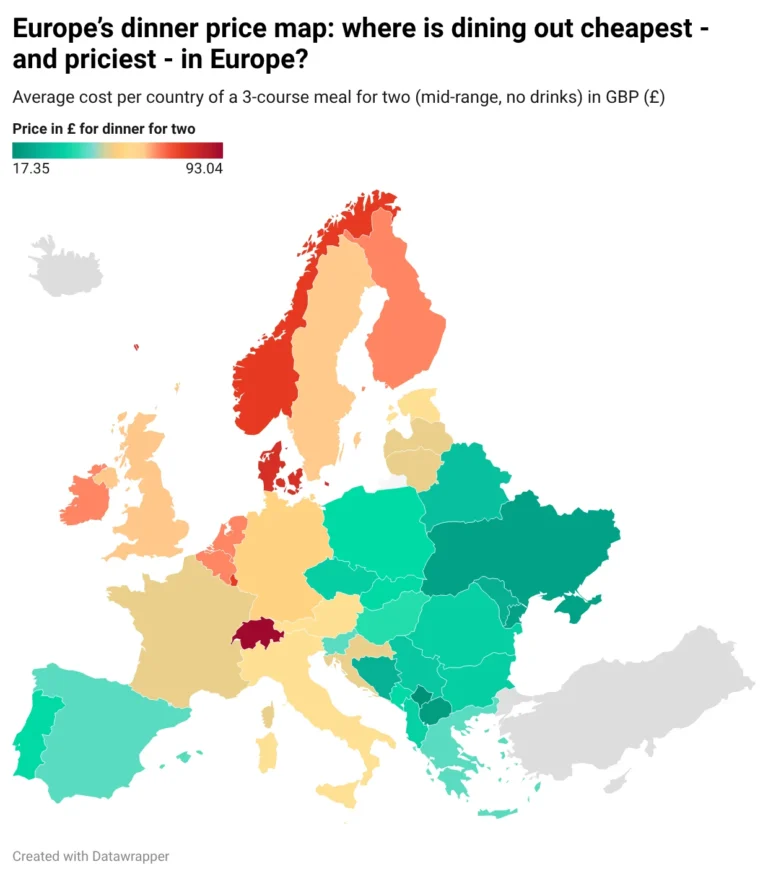 urope’s 2026 Restaurant Dinner Price Map: Where a Three-Course Meal for Two Costs €20 or €161