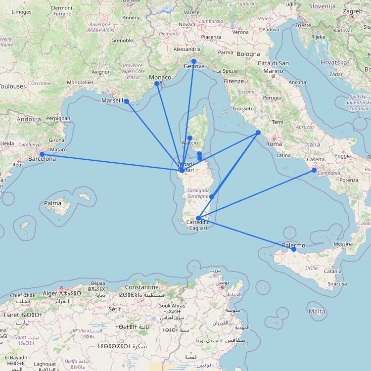Ferry Map & Routes to Sardinia