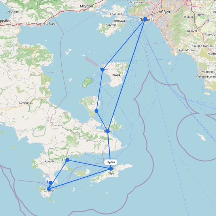 Ferries to Hydra: Route Map