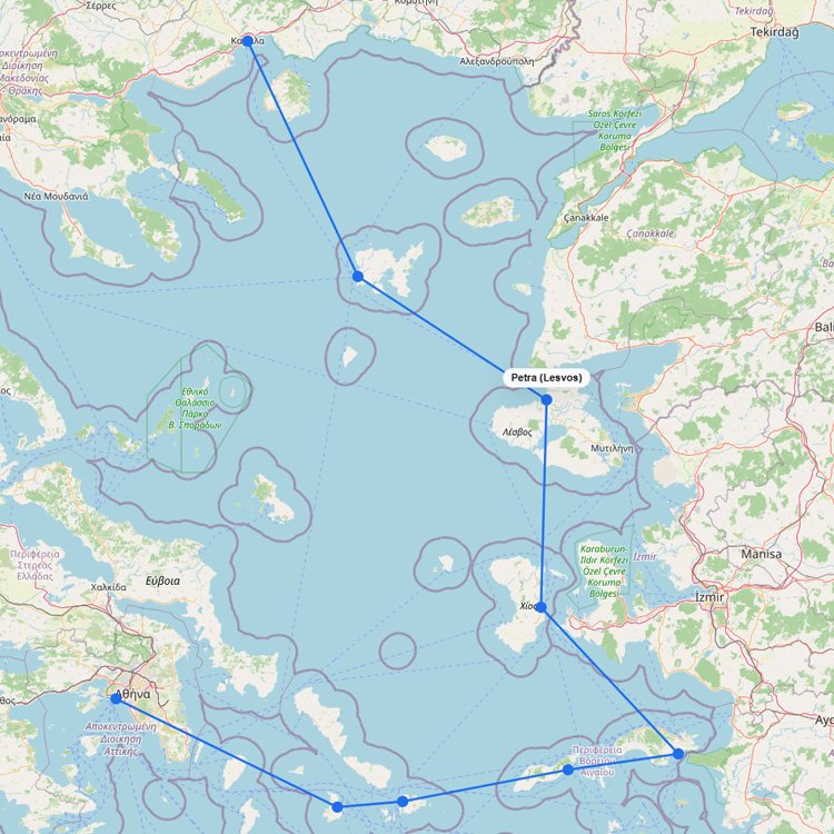 Map of Ferries to Lesbos